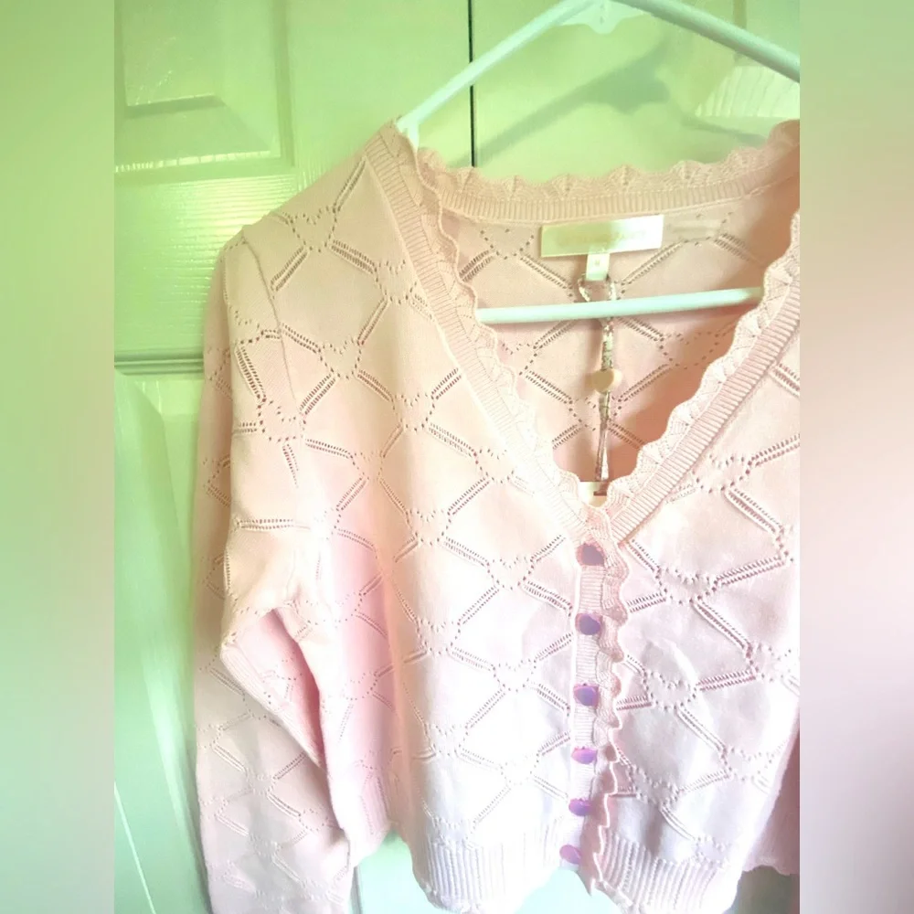 NWT LoveShackFancy Petra Knit Heart Argyle Cardigan Velour Pink - Picture 5 of 13